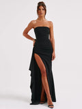 Wenkouban Strapless Backless High Split Maxi Dress For Women Black Off-shoulder Sleeveless Bodycon Club Party Long Dress Clothes-Christmas Outfit