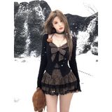 Wenkouban-Sexy Crop Top Vintage 2000s Women Clothes Bow Leopard Lace Vintage Slim Top scoquettish Party Sweet Aesthetic Korea Y2k Baby Tee