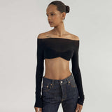 Wenkouban See Through Mesh Crop Top Women Pullovers Strapless Short Knit Cropped Tops Ladies Tee Shirt Sexy Off-shoulder T-shirt-Christmas Outfit