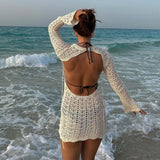 Wenkouban-y2k outfits retro design Vintage Crochet Flower Hollow Out Dress Cover-Ups Chic Women Sexy Knit Backless Tie-up Mini Dress Summer Beach Holiday Bodycon