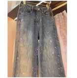 Wenkouban-y2k outfits Valentine's Day gift Hot Stamping Diamond Jeans for Women 2025 Spring Autumn Trendy Shiny Rivet Wide Leg Pants Female Straight Loose Denim Pants