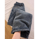 Wenkouban-y2k outfits Valentine's Day gift Women Washed Blue Wide Leg Jeans Spring Fashion Water Ripple Jacquard Straight Loose Denim Pants Female Trousers Slim Jeans