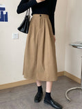 Wenkouban-swaggy outfits back to school outfits Qiukichonson Midi Long Skirt Womens Corduroy Skirt Autumn Winter Goth Casual High Waisted Pockets Design Pleated Suit Skirts