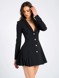 Wenkouban Autumn Black Blazer Mini Dress For Women Fashion V Neck Single-breasted Long Sleeve High Waist Pleated Sexy Dress-Christmas Outfit