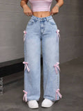 Wenkouban Women Casual Bowknot Decor Jeans Y2k Blue Baggy Denim Trousers Loose Straight Sweet Coquette Aesthetic Washed Jeans