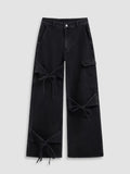 Wenkouban Bowknot Pocket Wide Leg Jeans Women Y2k Low Rise Sweet Casual Denim Trousers Coquette Baggy Cargo Jeans Gyaru Streetwear