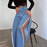 Wenkouban-spring outfits Double side high slit denim trousers 2025 spring and summer street trendy sexy open leg pants female y2k jeans