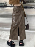 Wenkouban-nye outfits Vintage Brown High Rise Split PU Leather Midi Skirt 2025 fashion trends y2k style party club outfits