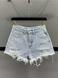 Wenkouban-y2k outfits Valentine's Day gift American Style Rhinestone Denim Shorts Women Summer High Waist Hole Raw Edge Hot Pants Sexy Slim All-matched Short Jeans