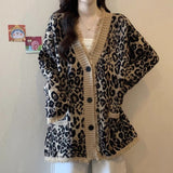 Wenkouban-American Retro Leopard Print Knitted Oversized Cardigan Sweater Women Fashion Streetwear Loose Harajuku Simple Casual Sweater