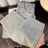 Wenkouban-y2k outfits Valentine's Day gift Glitter Rivet Denim Pants Women Spring 2025 New Trendy Stars Diamond Design High Waist Flared Jeans Slim Light Blue Jeans