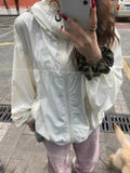 Wenkouban Women's Windbreaker Beige Zipper Jackets 2024 Summer Casual Lightweight Transparent Hooded Jackets Loose Korean Fashion