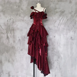 Wenkouban-2025 dress to impress party dress nye outfits Irregular Ruffled Suspender Prom Dress Burgundy Long Birthday Dress YM1630