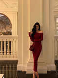 Wenkouban-2025 dress to impress party dress nye outfits Red Off Shoulder Knit Dress Party Dress YM1669