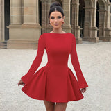 Wenkouban-back to school outfit nye outfit  Red Long Sleeve Evening Party Dress Women 2025 Pleated Robes Elegant Sexy Dress Bodycon Mini Winter Dress Vestidos