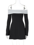 Wenkouban Off-shoulder Long Sleeve Mini Dress For Women Autumn Winter New Patchwork Strapless Backless A-line Sexy Dress Elegant-Christmas Outfit