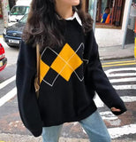 Wenkouban-Fall Outfits -Vintage argyle sweater Fashion Oversized Women Knit Sweater Pullovers Ladies Winter Loose Sweater Korean College Style Women Jumper Plaid Sweater- Streetwear y2k outfits Fall Outfits Christmas Thanksgiving Gift New Year's Eve