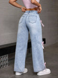 Wenkouban Women Casual Bowknot Decor Jeans Y2k Blue Baggy Denim Trousers Loose Straight Sweet Coquette Aesthetic Washed Jeans