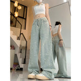 Wenkouban-y2k outfits Valentine's Day gift Women Pearl Jeans Fashion Beading Light Blue Trousers Streetwear Female High Waist Straight Loose Wide Leg Denim Pants