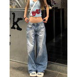 Wenkouban-Fashion Street Blue Washed Low Rise Straight Jeans Women 2024 Summer Retro New Loose Korean Street Casual Wide Leg Jeans