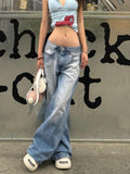 Wenkouban-Fashion Street Blue Washed Low Rise Straight Jeans Women 2024 Summer Retro New Loose Korean Street Casual Wide Leg Jeans