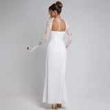 White Lace Hollow Out Pleated Evening Party Dress Women Backless Robes Elegant Sexy Dress Bodycon Long Autumn Dress Vestidos