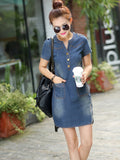 Wenkouban-2025 New arrival summer women denim dresses short sleeves loose A word dresses v-neck solid denim dresses