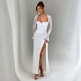 White Lace Hollow Out Pleated Evening Party Dress Women Backless Robes Elegant Sexy Dress Bodycon Long Autumn Dress Vestidos