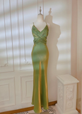 Wenkouban-2025 dress to impress party dress nye outfits Green Suspender Evening Dress French Style Slim Green Party Dress YM1695