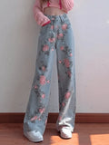 Wenkouban Y2K High Waisted Floral Boyfriend Jeans