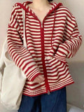 Wenkouban-Spring Casual Outfits Y2K Outfits Hooded Striped Long Sleeve Knit Cardigan