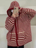 Wenkouban-Spring Casual Outfits Y2K Outfits Hooded Striped Long Sleeve Knit Cardigan