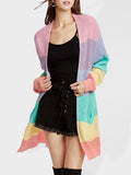 Wenkouban-Winter outfits ideas New Rainbow Color Loose Long Knit Cardigan Ladies Sweater Jacket