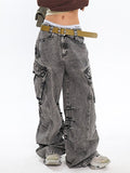 Wenkouban Faded Light Bleached Baggy Cargo Jeans