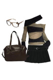 Wenkouban-Christmas outfits new years eve outfits Autumn Chic Short Zipper Skirt+Edgy Eclipse Asymmetrical Top+Japanese Style High School Shoulder Bag+Glasses