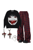 Wenkouban-Christmas outfits new years eve outfits Creepy Smile Knit Sweater+Classic Plaid Baggy Lounge Pants+Accessories