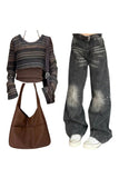 Wenkouban-Christmas outfits new years eve outfits Layered Boho Knit Crop Top+Washed Black Wide-Leg Jeans+Large Casual Leather Handbagbo