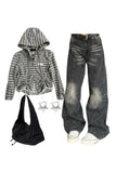 Wenkouban-Christmas outfits new years eve outfits Y2k Striped Cozy Zip-Up Hoodie+Washed Black Wide-Leg Jeans+Fashionable Black Nylon Bucket Handbag+Earrings