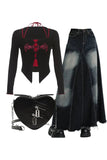 Wenkouban-Christmas outfits new years eve outfits Y2k Alt Goth Graphic Print T-shirt+Faded Black Maxi Denim Skirt+Punk Heart Blade Zipper Chain Bag