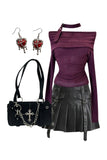 Wenkouban-Christmas outfits new years eve outfits Black Buckled Pleated Mini Skirt+Asymmetric Choker Long Sleeve Top+Gothic Cross Chain Shoulder Bag+Earrings