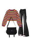 Wenkouban-Christmas outfits new years eve outfits Dark Butterfly Flare Jeans+Rainbow Stripes Cropped Sweater+Crossbody School Bag