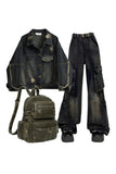 Wenkouban-Christmas outfits new years eve outfits Y2k Distressed Midnight Denim Jacket+Gothic Cargo Flare Jeans+Vintage Y2K Backpack