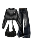 Wenkouban-Christmas outfits new years eve outfits Y2k Distressed Vintage Wide-Leg Jeans+Striped Drawstring Women's Sweatshirt+High Quality Nylon Shoulder Bag