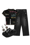 Wenkouban-Christmas outfits new years eve outfits Edgy Text Print Keyhole Top+Grunge Distressed Pinstripe Pants+Glossy Buckle Platform Sandals+Earrings