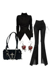 Wenkouban-Christmas outfits new years eve outfits Fall Midnight Lace-Up Flare Jeans+Fall Asymmetrical High Neck Buttoned Sweater+Gothic Cross Chain Shoulder Bag+Earrings