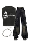 Wenkouban-Christmas outfits new years eve outfits Y2k Gothic Cargo Flare Jeans+Distressed Graphic Ribbed Top+Twisted Elegance Bracelet