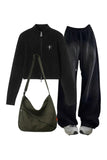 Wenkouban-Christmas outfits new years eve outfits Y2k Ribbed Zip-Up Turtleneck Sweater+Baggy Y2K Grunge Sweatpants+Cotton Large Capacity Shoulder Bag