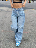 Wenkouban 2000s Y2k Blue Straight Leg Boyfriend Jeans with Wash Effect