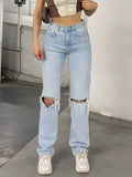 Wenkouban Light blue 2000s Y2k boyfriend jeans with ripped design