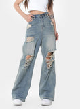 Wenkouban Blue Vintage Wide Leg Ripped Jeans